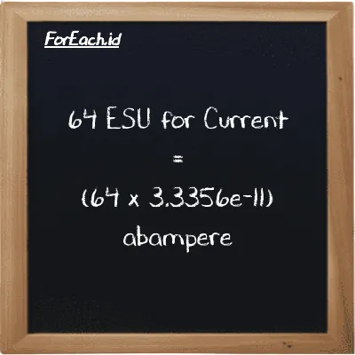 How to convert ESU for Current to abampere: 64 ESU for Current (esu) is equivalent to 64 times 3.3356e-11 abampere (abA)