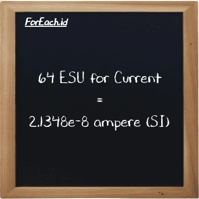 64 ESU for Current is equivalent to 2.1348e-8 ampere (64 esu is equivalent to 2.1348e-8 A)
