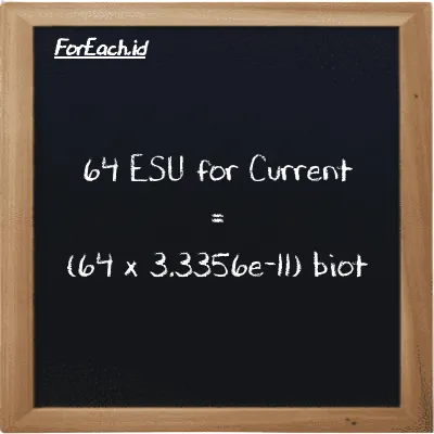 How to convert ESU for Current to biot: 64 ESU for Current (esu) is equivalent to 64 times 3.3356e-11 biot (Bi)