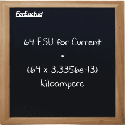 How to convert ESU for Current to kiloampere: 64 ESU for Current (esu) is equivalent to 64 times 3.3356e-13 kiloampere (kA)