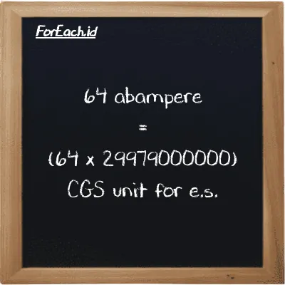 How to convert abampere to CGS unit for e.s.: 64 abampere (abA) is equivalent to 64 times 29979000000 CGS unit for e.s. (cgs-esu)