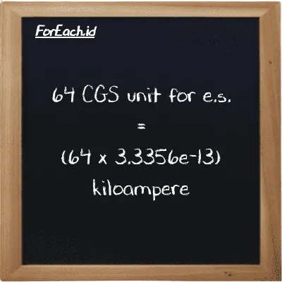 How to convert CGS unit for e.s. to kiloampere: 64 CGS unit for e.s. (cgs-esu) is equivalent to 64 times 3.3356e-13 kiloampere (kA)