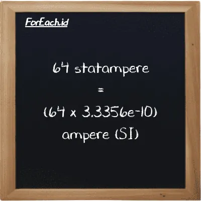 How to convert statampere to ampere: 64 statampere (statA) is equivalent to 64 times 3.3356e-10 ampere (A)