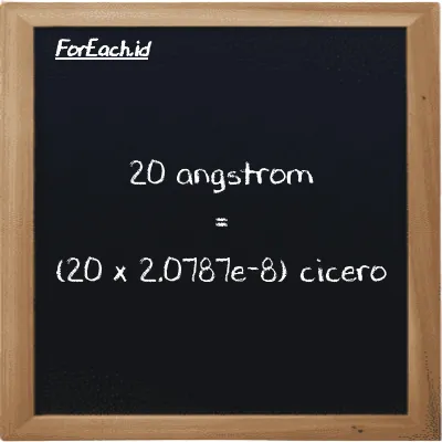 How to convert angstrom to cicero: 20 angstrom (Å) is equivalent to 20 times 2.0787e-8 cicero (ccr)