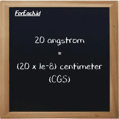 How to convert angstrom to centimeter: 20 angstrom (Å) is equivalent to 20 times 1e-8 centimeter (cm)