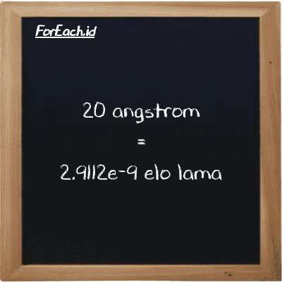 20 angstrom is equivalent to 2.9112e-9 elo lama (20 Å is equivalent to 2.9112e-9 el la)