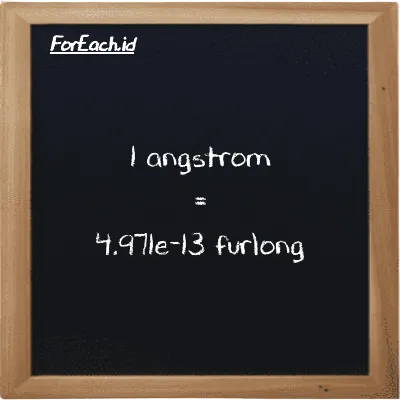 1 angstrom is equivalent to 4.971e-13 furlong (1 Å is equivalent to 4.971e-13 fur)