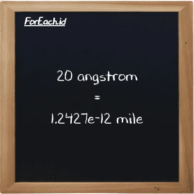 20 angstrom is equivalent to 1.2427e-12 mile (20 Å is equivalent to 1.2427e-12 mi)