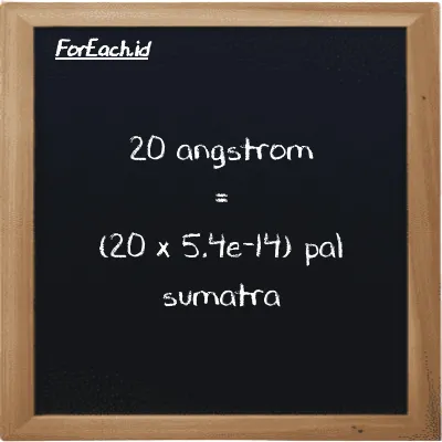 How to convert angstrom to pal sumatra: 20 angstrom (Å) is equivalent to 20 times 5.4e-14 pal sumatra (ps)