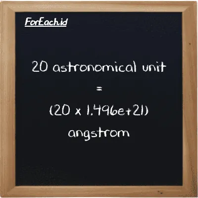 How to convert astronomical unit to angstrom: 20 astronomical unit (au) is equivalent to 20 times 1.496e+21 angstrom (Å)