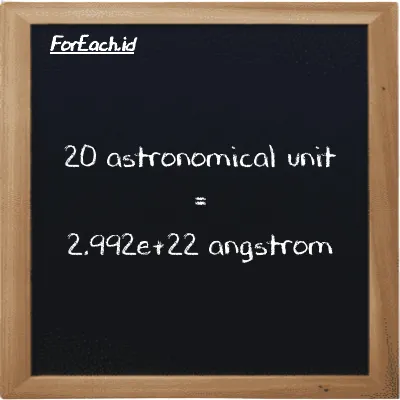 20 astronomical unit is equivalent to 2.992e+22 angstrom (20 au is equivalent to 2.992e+22 Å)