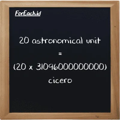How to convert astronomical unit to cicero: 20 astronomical unit (au) is equivalent to 20 times 31096000000000 cicero (ccr)