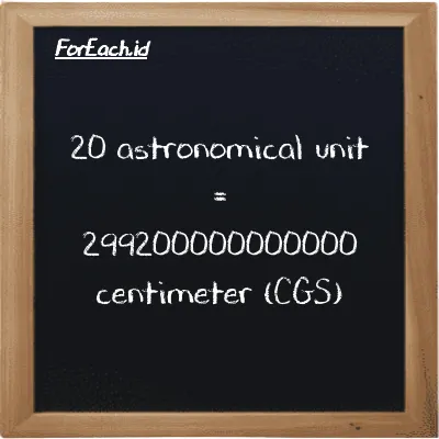 20 astronomical unit is equivalent to 299200000000000 centimeter (20 au is equivalent to 299200000000000 cm)