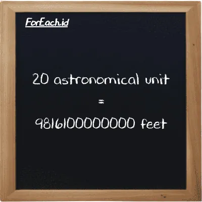 20 astronomical unit is equivalent to 9816100000000 feet (20 au is equivalent to 9816100000000 ft)