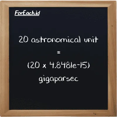 How to convert astronomical unit to gigaparsec: 20 astronomical unit (au) is equivalent to 20 times 4.8481e-15 gigaparsec (Gpc)