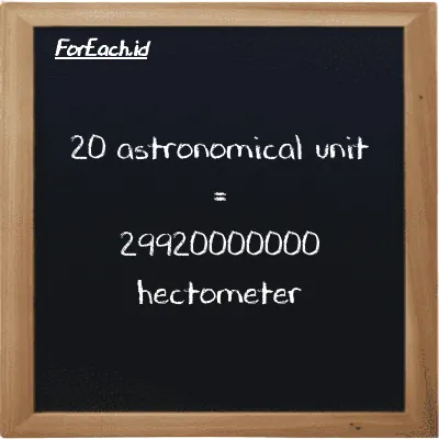 20 astronomical unit is equivalent to 29920000000 hectometer (20 au is equivalent to 29920000000 hm)