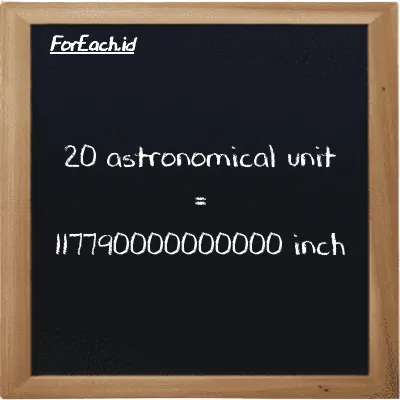 20 astronomical unit is equivalent to 117790000000000 inch (20 au is equivalent to 117790000000000 in)