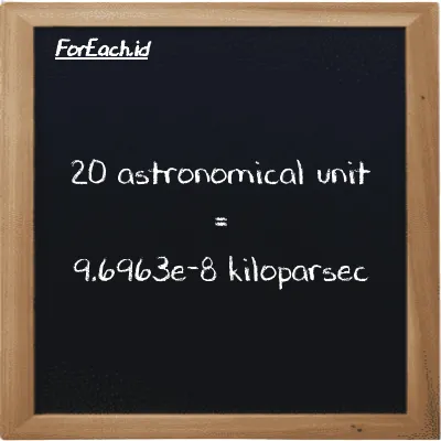 20 astronomical unit is equivalent to 9.6963e-8 kiloparsec (20 au is equivalent to 9.6963e-8 kpc)