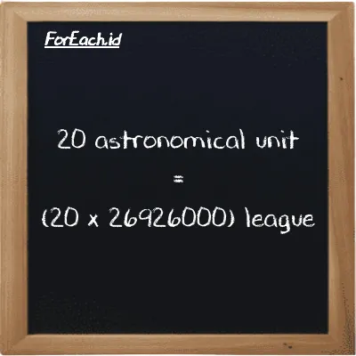 How to convert astronomical unit to league: 20 astronomical unit (au) is equivalent to 20 times 26926000 league (lg)