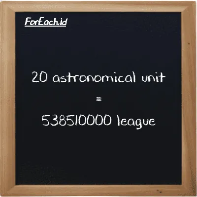 20 astronomical unit is equivalent to 538510000 league (20 au is equivalent to 538510000 lg)