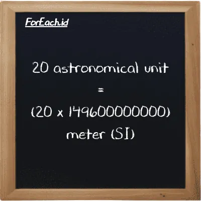 How to convert astronomical unit to meter: 20 astronomical unit (au) is equivalent to 20 times 149600000000 meter (m)