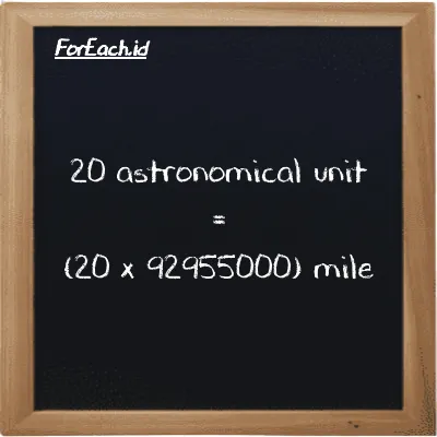 How to convert astronomical unit to mile: 20 astronomical unit (au) is equivalent to 20 times 92955000 mile (mi)