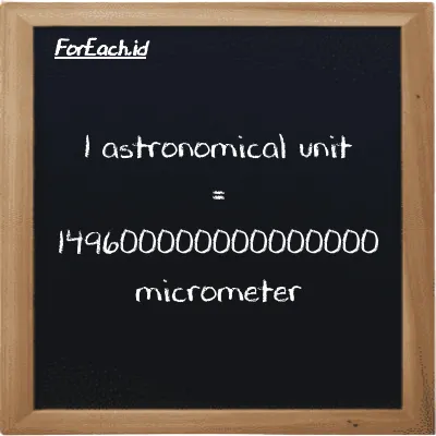 1 astronomical unit is equivalent to 149600000000000000 micrometer (1 au is equivalent to 149600000000000000 µm)