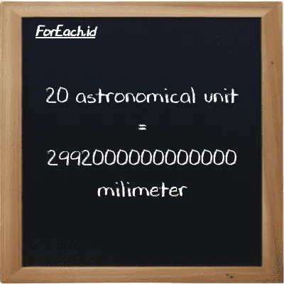 20 astronomical unit is equivalent to 2992000000000000 millimeter (20 au is equivalent to 2992000000000000 mm)