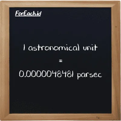 1 astronomical unit is equivalent to 0.0000048481 parsec (1 au is equivalent to 0.0000048481 pc)