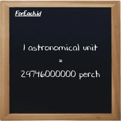 1 astronomical unit is equivalent to 29746000000 perch (1 au is equivalent to 29746000000 prc)