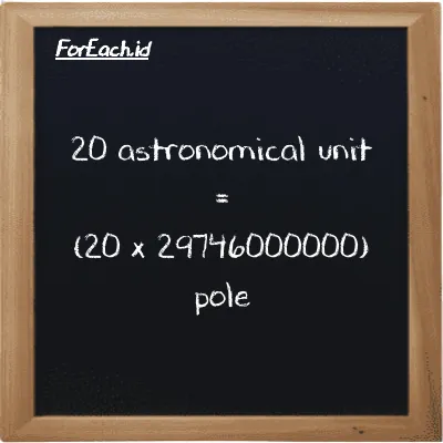 How to convert astronomical unit to pole: 20 astronomical unit (au) is equivalent to 20 times 29746000000 pole (pl)