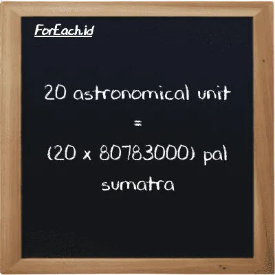 How to convert astronomical unit to pal sumatra: 20 astronomical unit (au) is equivalent to 20 times 80783000 pal sumatra (ps)