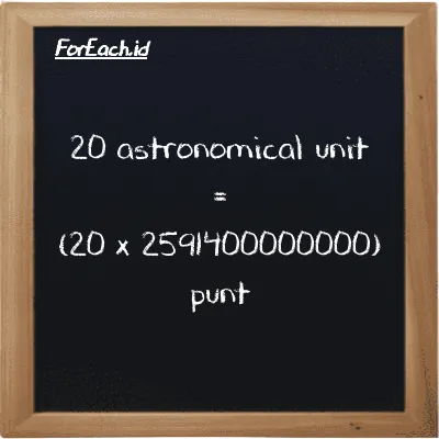 How to convert astronomical unit to punt: 20 astronomical unit (au) is equivalent to 20 times 2591400000000 punt (pnt)