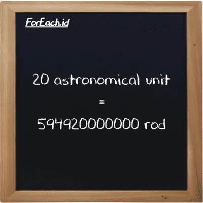 20 astronomical unit is equivalent to 594920000000 rod (20 au is equivalent to 594920000000 rd)