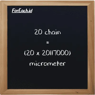 How to convert chain to micrometer: 20 chain (ch) is equivalent to 20 times 20117000 micrometer (µm)