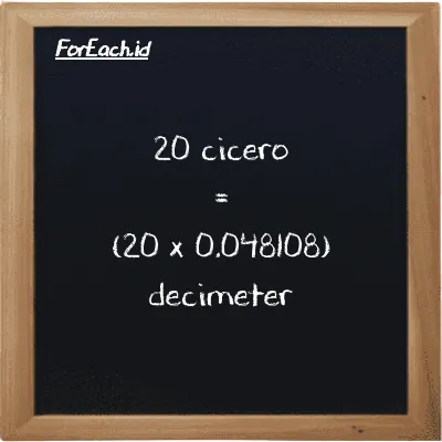 How to convert cicero to decimeter: 20 cicero (ccr) is equivalent to 20 times 0.048108 decimeter (dm)