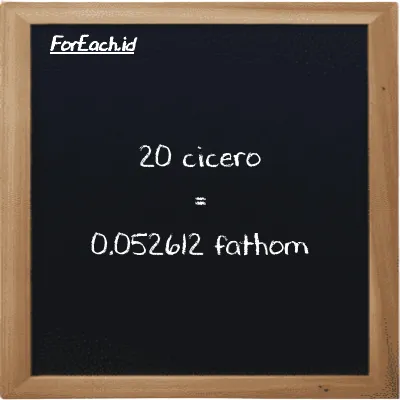 20 cicero is equivalent to 0.052612 fathom (20 ccr is equivalent to 0.052612 ft)