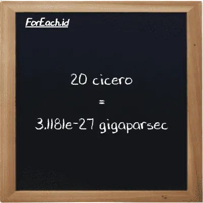 20 cicero is equivalent to 3.1181e-27 gigaparsec (20 ccr is equivalent to 3.1181e-27 Gpc)