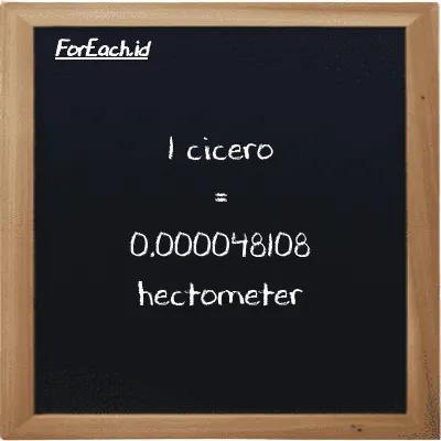 1 cicero is equivalent to 0.000048108 hectometer (1 ccr is equivalent to 0.000048108 hm)