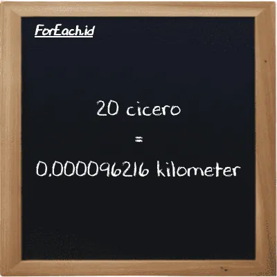 20 cicero is equivalent to 0.000096216 kilometer (20 ccr is equivalent to 0.000096216 km)