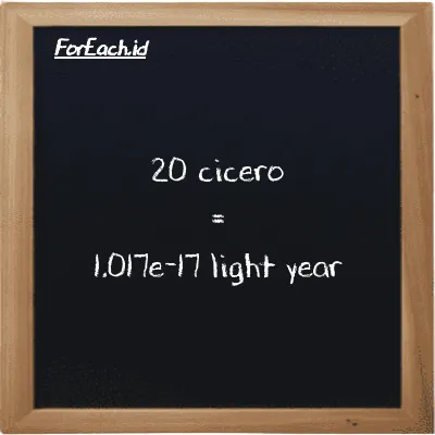 20 cicero is equivalent to 1.017e-17 light year (20 ccr is equivalent to 1.017e-17 ly)