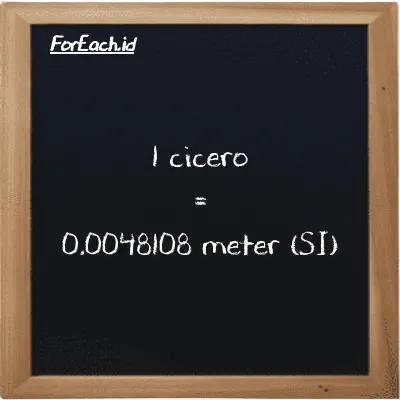 1 cicero is equivalent to 0.0048108 meter (1 ccr is equivalent to 0.0048108 m)