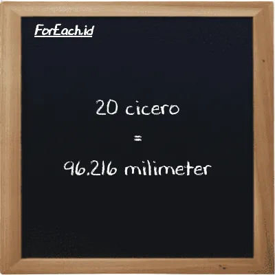 20 cicero is equivalent to 96.216 millimeter (20 ccr is equivalent to 96.216 mm)