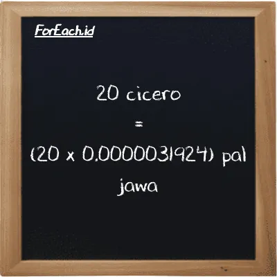How to convert cicero to pal jawa: 20 cicero (ccr) is equivalent to 20 times 0.0000031924 pal jawa (pj)