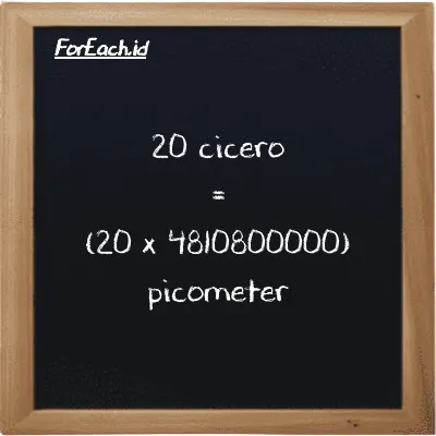 How to convert cicero to picometer: 20 cicero (ccr) is equivalent to 20 times 4810800000 picometer (pm)