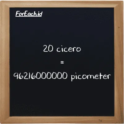 20 cicero is equivalent to 96216000000 picometer (20 ccr is equivalent to 96216000000 pm)