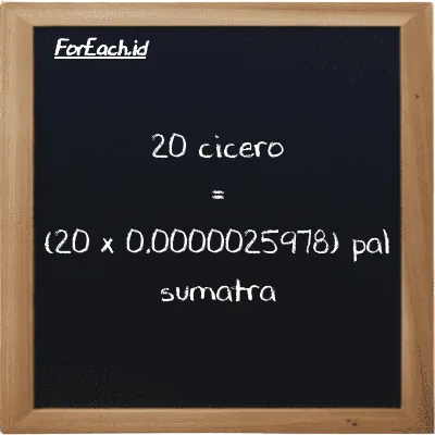 How to convert cicero to pal sumatra: 20 cicero (ccr) is equivalent to 20 times 0.0000025978 pal sumatra (ps)