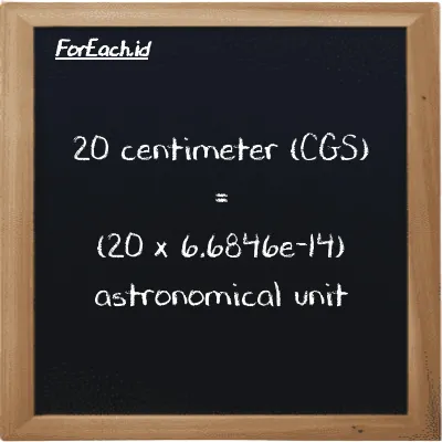 How to convert centimeter to astronomical unit: 20 centimeter (cm) is equivalent to 20 times 6.6846e-14 astronomical unit (au)