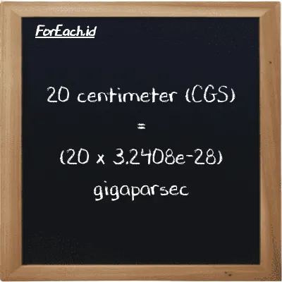 How to convert centimeter to gigaparsec: 20 centimeter (cm) is equivalent to 20 times 3.2408e-28 gigaparsec (Gpc)