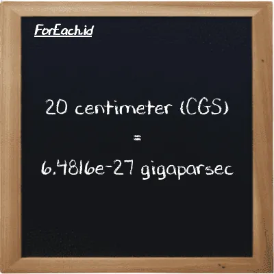 20 centimeter is equivalent to 6.4816e-27 gigaparsec (20 cm is equivalent to 6.4816e-27 Gpc)